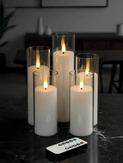 2/3/5pcs Acrylic Flameless Flickering Candles With Remote Control And Timer, Battery Operated, Size: 2.2" X 5", 6", 7", 8", Plastic Fake LED Candles For Home Decor, Fireplace, Dining Table, Wedding, Holiday, Party, Valentine's Day, Gift, Candle Warmer (Clear)