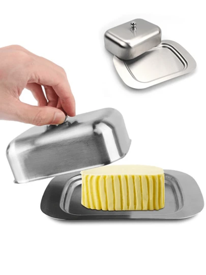 1pc Stainless Steel Butter Dish With Lid, Cheese/Butter/Cake/Bread Serving Tray, Suitable For Kitchen Countertop, Refrigerator, Gatherings, Parties, Outdoor Dining And More, Comes With Butter Knife