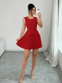 Women's Summer Solid Color Elegant Minimalist Patchwork Pleated Hem Sleeveless Dress Red - Red - View 5