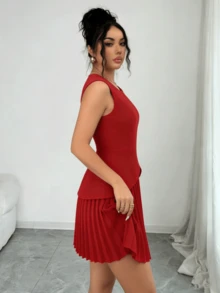 Women's Summer Solid Color Elegant Minimalist Patchwork Pleated Hem Sleeveless Dress Red - Red - View 8