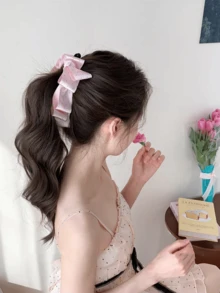 柔粉色波点缎面蝴蝶结香蕉发夹，春夏少女高马尾发饰，通勤约会氛围发夹 - 粉色 - 查看 6