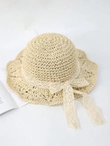 1pc Baby Girl 1-2Y Spring/Summer Sun Protection Handwoven Straw Hat With Drawstring - Bow-beige - View 6