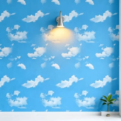 1卷自粘壁纸，蓝天白云图案，撕贴式，防水、防潮、防油，易清洁，无缝拼接，完美适用于家居装饰、橱柜、桌面、墙面、客厅、卧室、浴室、厨房和楼梯。