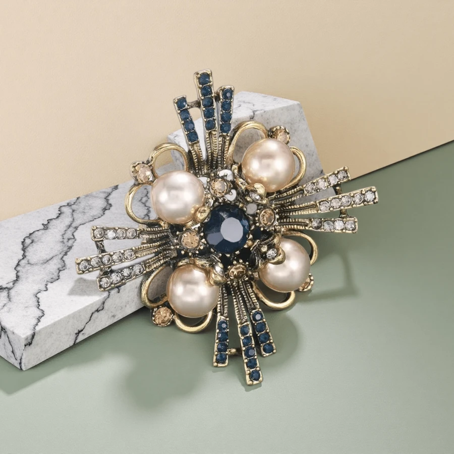 1 pièce Broche de style vintage, décorée de faux perles et de strass, accessoire de mode élégant pour vêtements de femme, broche croix - Or-Bleu antique - Voir 1