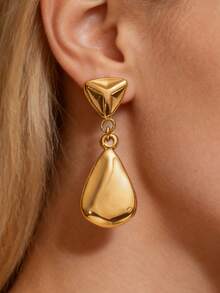 1 Pair Luxury Exquisite Stainless Steel 18K Gold Plated Textured Triangle & Water Drop Earrings, Suitable For Daily, Work, Date, Party - E1296-02 - مشاهدة 1