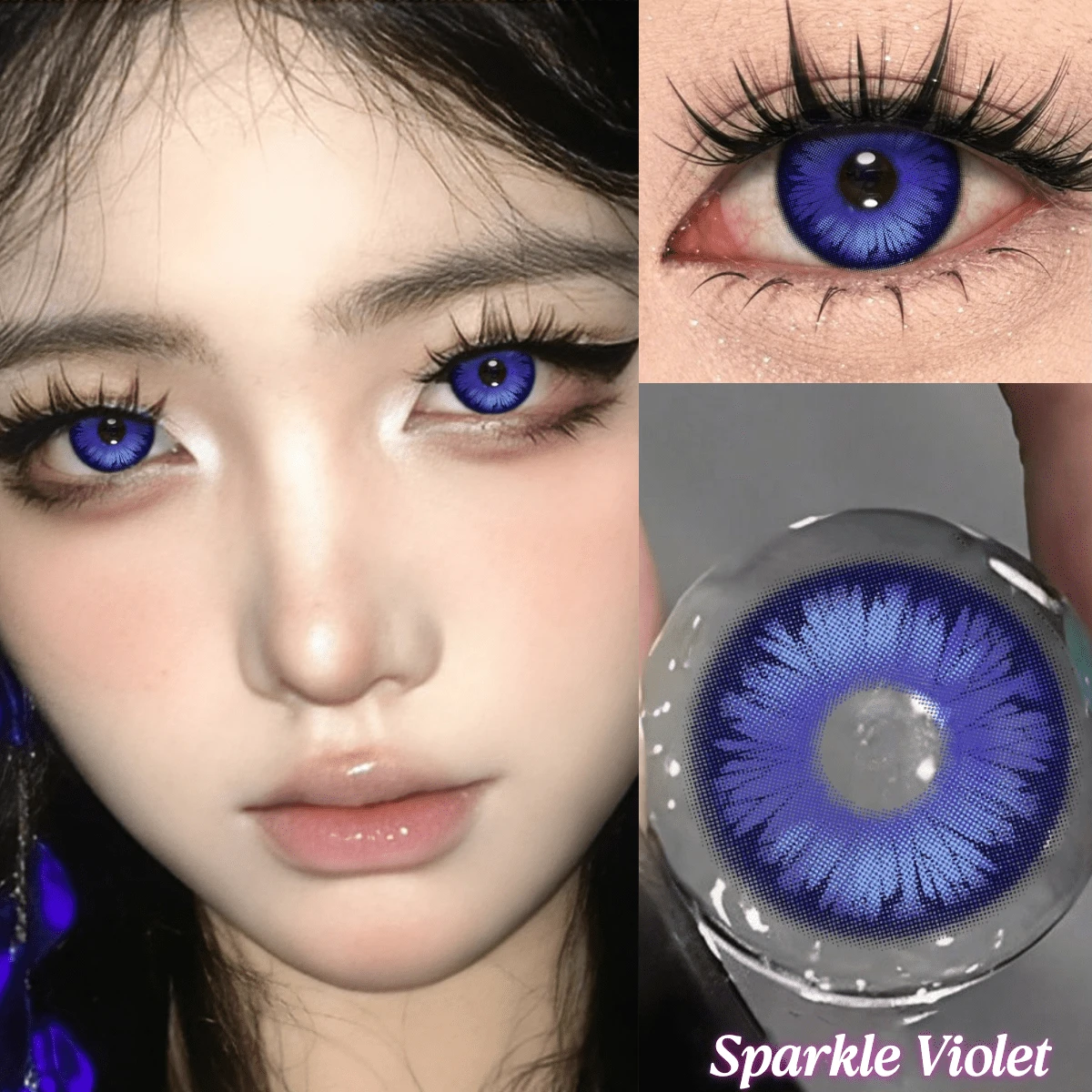 Kính áp tròng Lalens Sparkle - Hoa Băng Tím - 1 cặp kèm hộp đựng có gương. Loại kính này có tác dụng làm to mắt, đường kính 14,50mm, và dùng một lần mỗi năm. Thích hợp cho hóa trang Halloween.