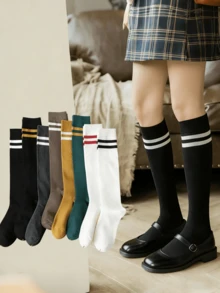 1双纯色条纹过膝运动袜，女士长筒网球袜，适合户外运动、跑步、徒步、网球、高尔夫和日常穿着，日韩风格学生长袜，运动袜 - 彩色 - 查看 1