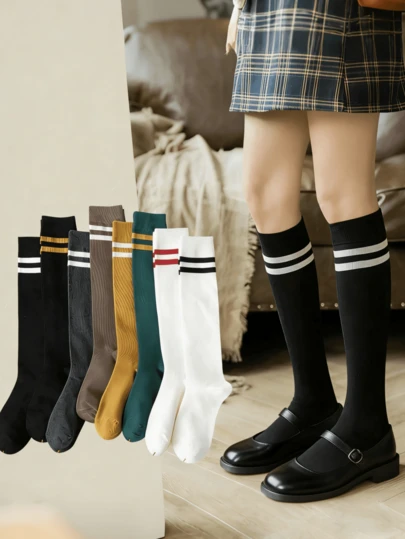 1双纯色条纹过膝运动袜，女士长筒网球袜，适合户外运动、跑步、徒步、网球、高尔夫和日常穿着，日韩风格学生长袜，运动袜