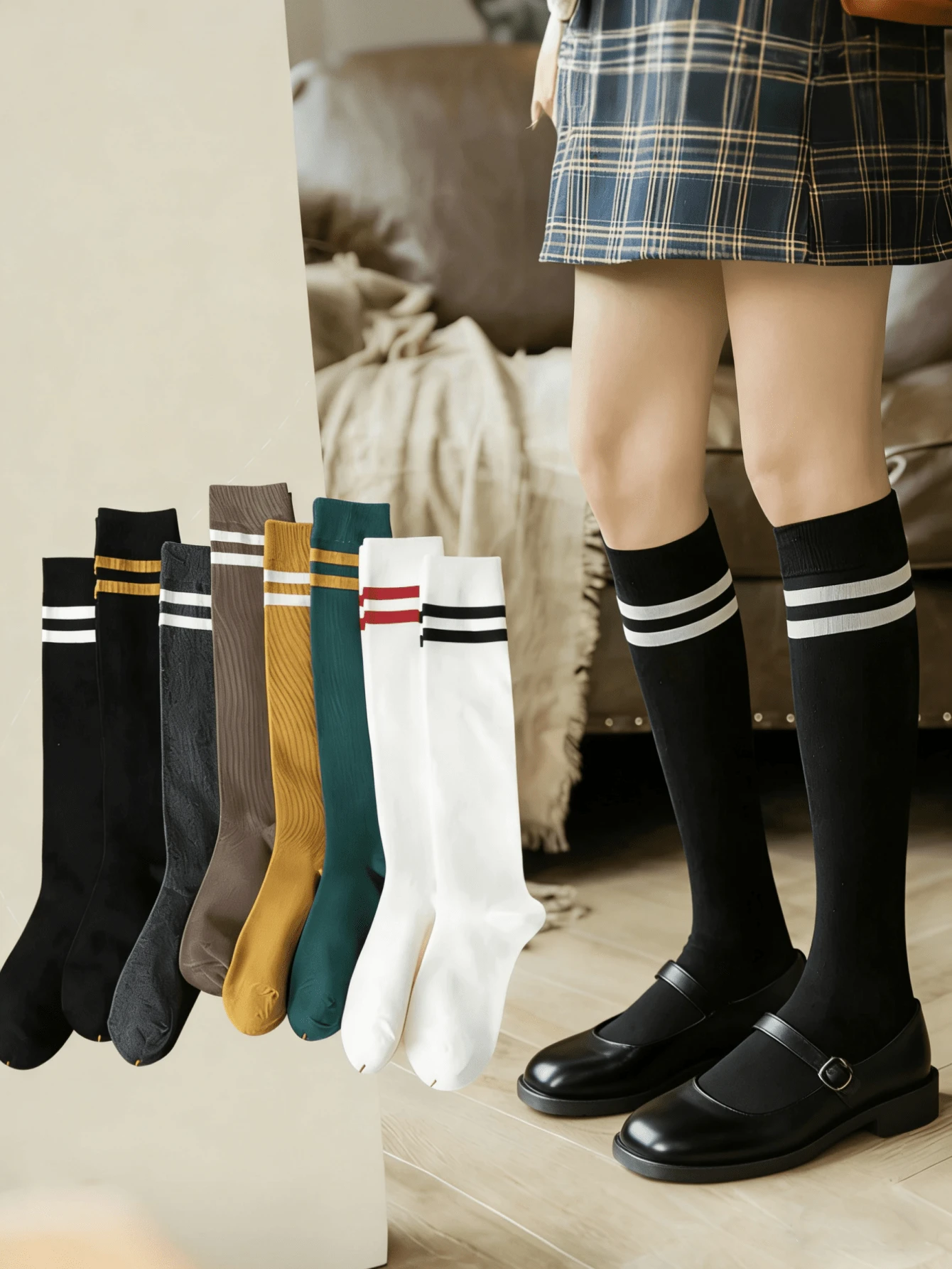 1双纯色条纹过膝运动袜，女士长筒网球袜，适合户外运动、跑步、徒步、网球、高尔夫和日常穿着，日韩风格学生长袜，运动袜 - 彩色 - 查看 1
