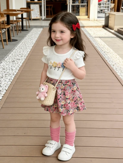 女婴夏季两件套：碎花短袖上衣 + 荷叶边印花短裤，松紧腰设计方便穿脱，轻盈透气面料，适合日常穿着、户外玩耍等。