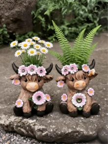 Resin Highland Cow Planter And Pen Holder - Cute Animal Desktop Storage, Mini Succulent Planter And Pen Cup, Suitable For Home, Office, Desk And Patio - Ideal Housewarming And Plant Lover Gift (A) - Multiple Styles - View 10