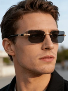 1 Pair Men's Fashionable Black Small Frame Rimless Glasses, Very Y2K, Elegant, Versatile, Suitable For Beach, Driving, Travel, Summer - Multicolor - View 8