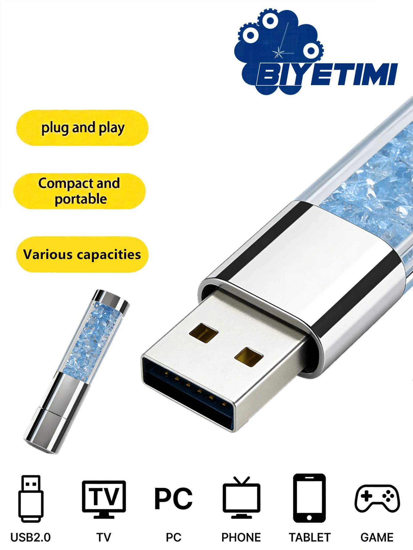BIYETIMI 128GB 钻石形防水U盘，64GB 水晶U盘，128GB 礼品U盘 - 藍色 - 查看 1