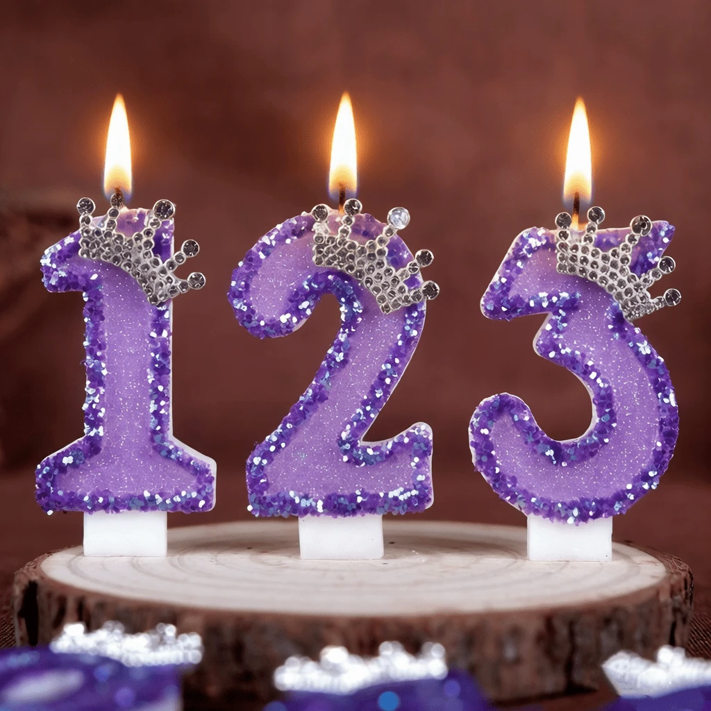 1pc Number Birthday Candle, Silver Crown Decorated Cake Candle, 0-9 Purple Sparkling Number Candle, Suitable For Birthday Cakes, Large Holiday Parties, Suitable For Both Men And Women