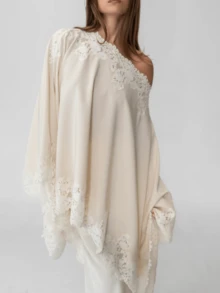 Women's Off One Shoulder Tops Elegant Solid Color Lace Trim Long Sleeve Loose Fit Satin Blouse For Casual Daily Wear - 白色 - 查看 10