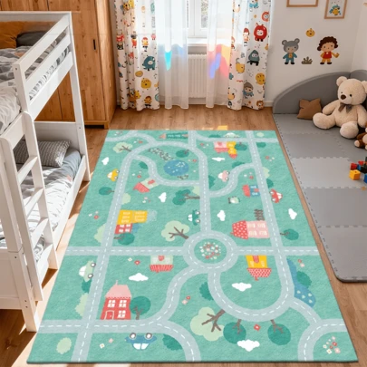 1 件浅绿色卡通道路图案地毯，柔软儿童房游戏垫，适用于儿童卧室、托儿所、游戏室、爬行区，多种尺寸可选，适用于客厅地毯、区域地毯、客厅地毯、小地毯、地垫、家居装饰、大客厅地毯、客厅家居装饰、房间装饰，可水洗地毯