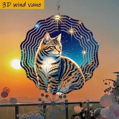 3D 1pc: "A Cat Resting On The Grassland Under The Night Sky - Tranquility And Harmony Blended." "10 Inch X 10 Inch - Includes 360° Creative DIY Rotating Hook." Durable Metal Wall Art Decor - Dynamic Multifaceted Accent For Festive Occasions.