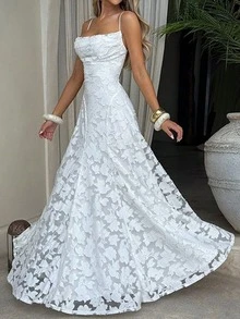 Unadoll 女士性感优雅夏季连衣裙，抽绳腰带露背设计，提花面料，适合度假、海滩、约会、返校、婚礼、派对等场合，白色 - 白色 - 查看 9