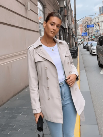 女士休闲纯色简约双排扣风衣，适合通勤，秋冬季穿着