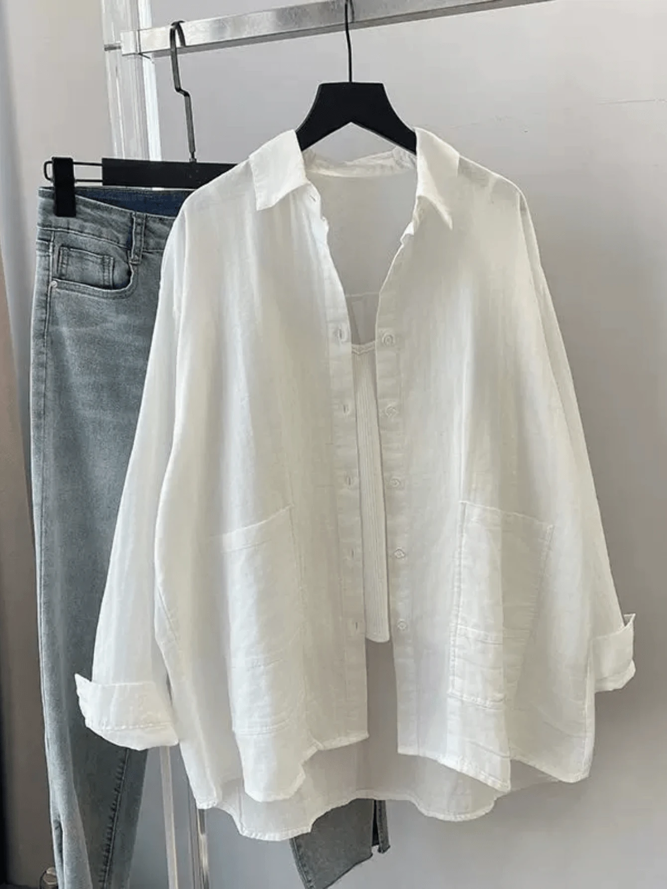Women's Spring/Summer Fashion White Button-Up Shirt, Dropped Shoulder Long Sleeve Blouse, With Pockets, Woven Fabric, Loose Fit, Casual & Comfortable Regular Length Top - White - View 1