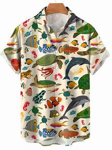 Summer Funny Hawaiian Shirts Men Clothes Street Retro Man Casual Short Sleeve Top Sea Marine Animals 3d Lapel Men's Shirt - A508D-AL23001 - 查看 1