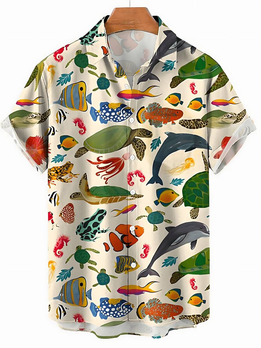 Summer Funny Hawaiian Shirts Men Clothes Street Retro Man Casual Short Sleeve Top Sea Marine Animals 3d Lapel Men's Shirt - A508D-AL23001 - 查看 1