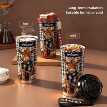 Bình nước giữ nhiệt chân không chống rò rỉ 18oz in hình bò cao nguyên, kiểu dáng nông trại, cốc cà phê tái sử dụng, thích hợp cho trường học và du lịch. - Nhiều màu - Xem 6