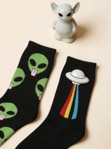 2双外星飞船印花中筒袜，可个性化定制，透气舒适 - 黑色 - 查看 3