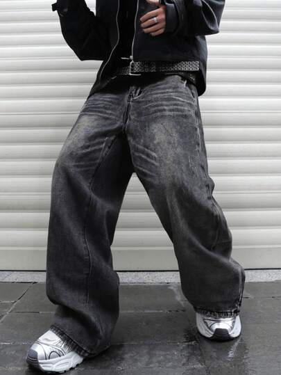 1 chiếc quần jeans ống rộng màu xám bạc, dáng suông, phong cách vintage, thích hợp mặc hàng ngày, đi làm và các dịp thường nhật, không co giãn, unisex (không bao gồm thắt lưng và phụ kiện)