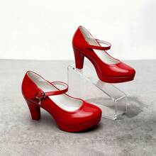 Women's Shoes, Bright Red, Round Toe, Platform, Chunky Heel Mary Jane Shoes, Made Of Glossy Patent Leather, With A Metal Buckle Strap And Pendant Decoration, Platform And Chunky Heel Structure, Rubber Non-Slip Sole, Bright And Eye-Catching Wedding Style, Suitable For Wedding Banquets, Dates, Parties, Slimming And Height-Enhancing, Modifying Leg Lines, Eye-Catching And Elegant, Comfortable And Not Tiring To The Feet. - Đỏ - Xem 5