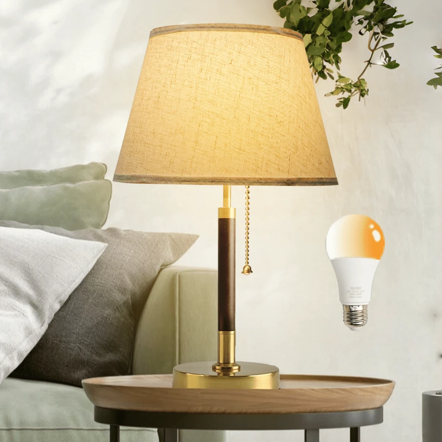 QUIGO 1 PCS Vintage Table Lamp W/ 12W LED Light Blub Aesthetic Bedroom Living Room Decor, Mid Century Modern Desk Lamp 3 Color Temperature, Bedside Lamps Home Nightstand Reading Light, Solid Wood & Brass,  With Linen Lampshade Modern End Table Lamp, Side Table Desk Lamp Christmas Room Decoration, Home Decor, Mothers Day Gifts For Mom - 查看 1