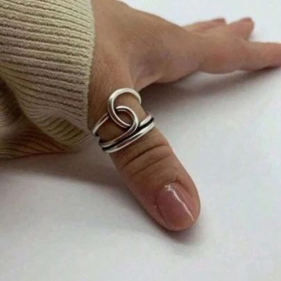 Vintage Asymmetrical Design Oversized Silver Twisted Thumb Ring With Crossing Buckle, Fashionable Jewelry For Women