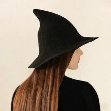 巫师针织节日派对女巫帽，尖顶可折叠，帽檐宽大。 - 黑色 - 查看 4