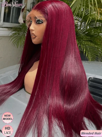 30英寸 13x4 蕾丝前假发，真人混纺发丝，预先拔毛，200密度直发假发，真人前额假发，带婴儿发，蕾丝前额假发，女士款 #99J 酒红色