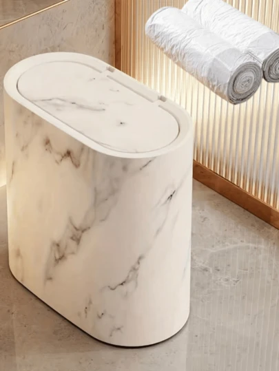 Papelera estrecha de lujo con tapa de imitación de mármol, papelera de baño a prueba de olores sellada, diseño de espacio estrecho para el inodoro, el baño y espacios pequeños