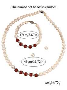Bộ trang sức ngọc trai 4 món, dây chuyền, vòng tay và bông tai đính ngọc trai và đá mã não đỏ tối giản thời trang, trang sức thanh lịch đa năng phù hợp cho bé gái và phụ nữ, quà tặng Ngày của Mẹ, túi đựng màu xám (số lượng hạt ngẫu nhiên) - Đỏ - Xem 5