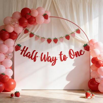 1pc Strawberry Half Year Banner - Strawberry Sweetheart 6 Months Birthday Decoration, Strawberry Themed Party Supplies