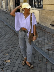 Plus Size Women Casual Drop Shoulder Cardigan Sweater, Suitable For Commuting, School And Vacation, Spring/Summer - Light Purple - View 3