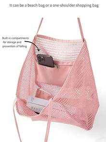 peach tree Bolso de malla plegable, bolso de mano casual para mujer, bolso de hombro plegable para picnic, impermeable, bolso de compras multifuncional de hombro, bolso de malla hueco, bolso de almacenamiento de baño, bolso de playa de malla grande y ligero, adecuado para viajes familiares, vacaciones, playa, camping y senderismo, bolso de vacaciones de verano - Rosa - Ver 8