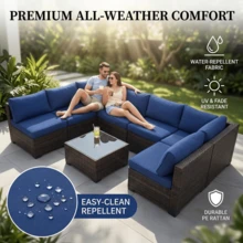 7 Piece Modern Rattan Furniture Set, Outdoor Combination Sofa Parlor Set With Cushions And Pillows - Màu xanh hải quân - Xem 7