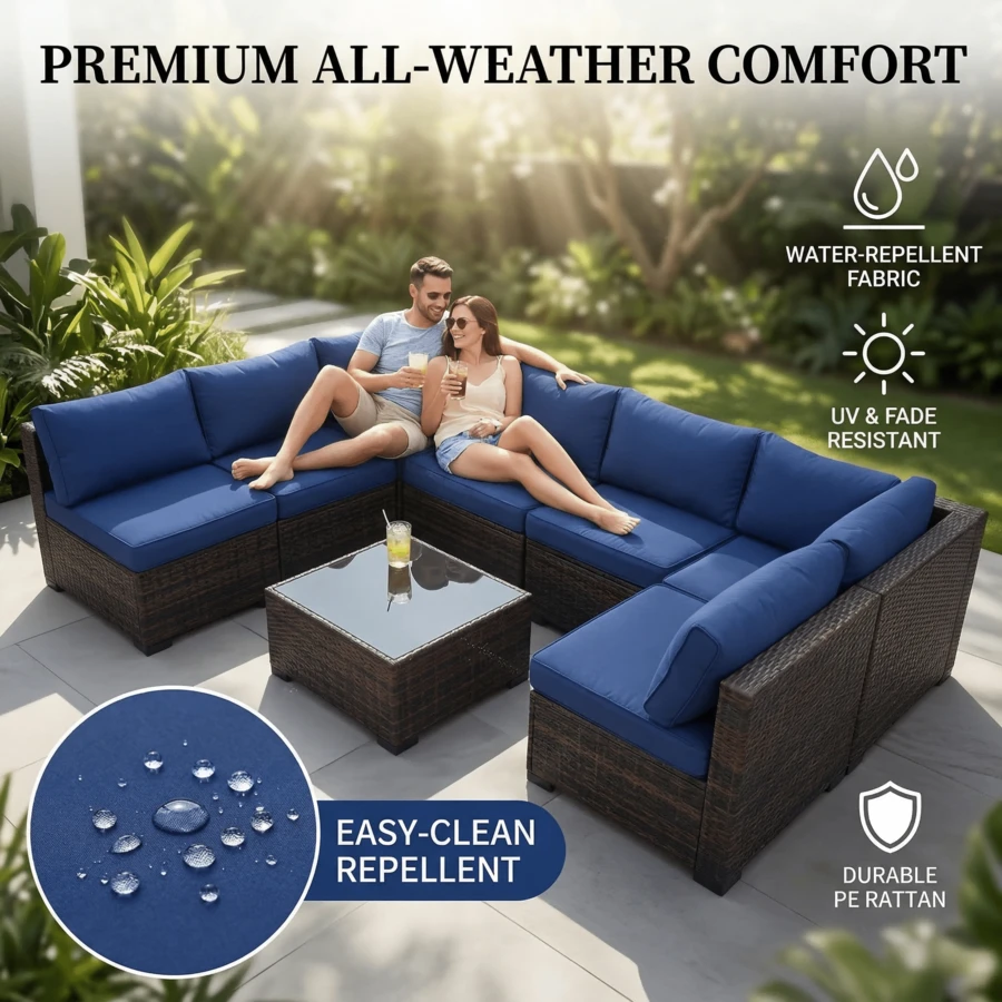 Sofa For 7 Pieces Sofas For Living Room Outdoor Sectional Set Modern Rattan Furniture Set, Outdoor Combination Sofa Parlor Set With Cushions And Pillows - Navy Blue - View 1