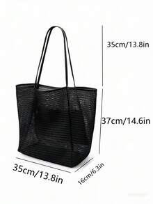 Mesh Bag, Women's Casual Foldable Shoulder Bag, Picnic Bag, Waterproof, Foldable, Essential Bag, Multifunctional Shopping Bag. - 黑色 - 查看 6
