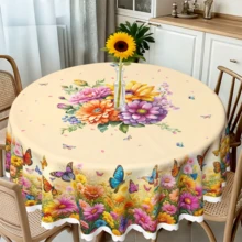 1pc Polyester Floral & Butterfly Pattern Tablecloth, Includes Round, Rectangular And Square Designs. Suitable For Kitchen, Wedding, Party And Outdoor Picnic Use, Washable Decorative Tablecloth. - A - View 20