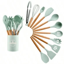 12件套多功能木柄硅胶厨具套装，包括汤勺、铲子、烘焙用具、刮刀、意面夹，带收纳桶 - 彩色 - 查看 6