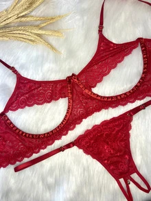 Plus Size Erotic Lingerie With Opening And Heart Pendant - 紅色 - 查看 2