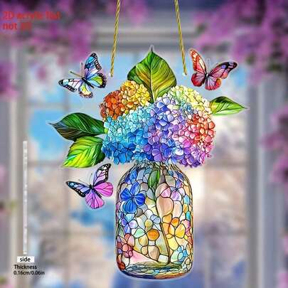 2D平面，1件装迷人绣球花瓶阳光捕捉器 - 彩色亚克力窗挂装饰，家居和花园的理想之选，送给妈妈、奶奶、家人和朋友的绝佳礼物
