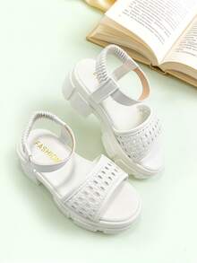 1 Pair White Fashion Sandals, Summer Girls Sandals, Fresh And Versatile, White Woven Hollow-Out Thick Sole Elastic Strap Design, Suitable For Banquets, Gatherings, Parties, Weddings, Vacations - Beige - View 6