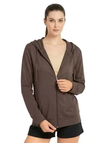 Women's Lightweight Cotton Hoodie Full Zip S-3XL With Pockets Hooded Sweatshirt Jacket Coat Solid Tops Regular & Plus Size Basic Layering Tops Warm Lightweight Cotton Zipper Hoodie Sweatshirt For Women Lady Sweatshirts Long Sleeve Outerwear For Spring Fall Winter Womenswear Activewear Streetwear - 棕色 - 查看 1