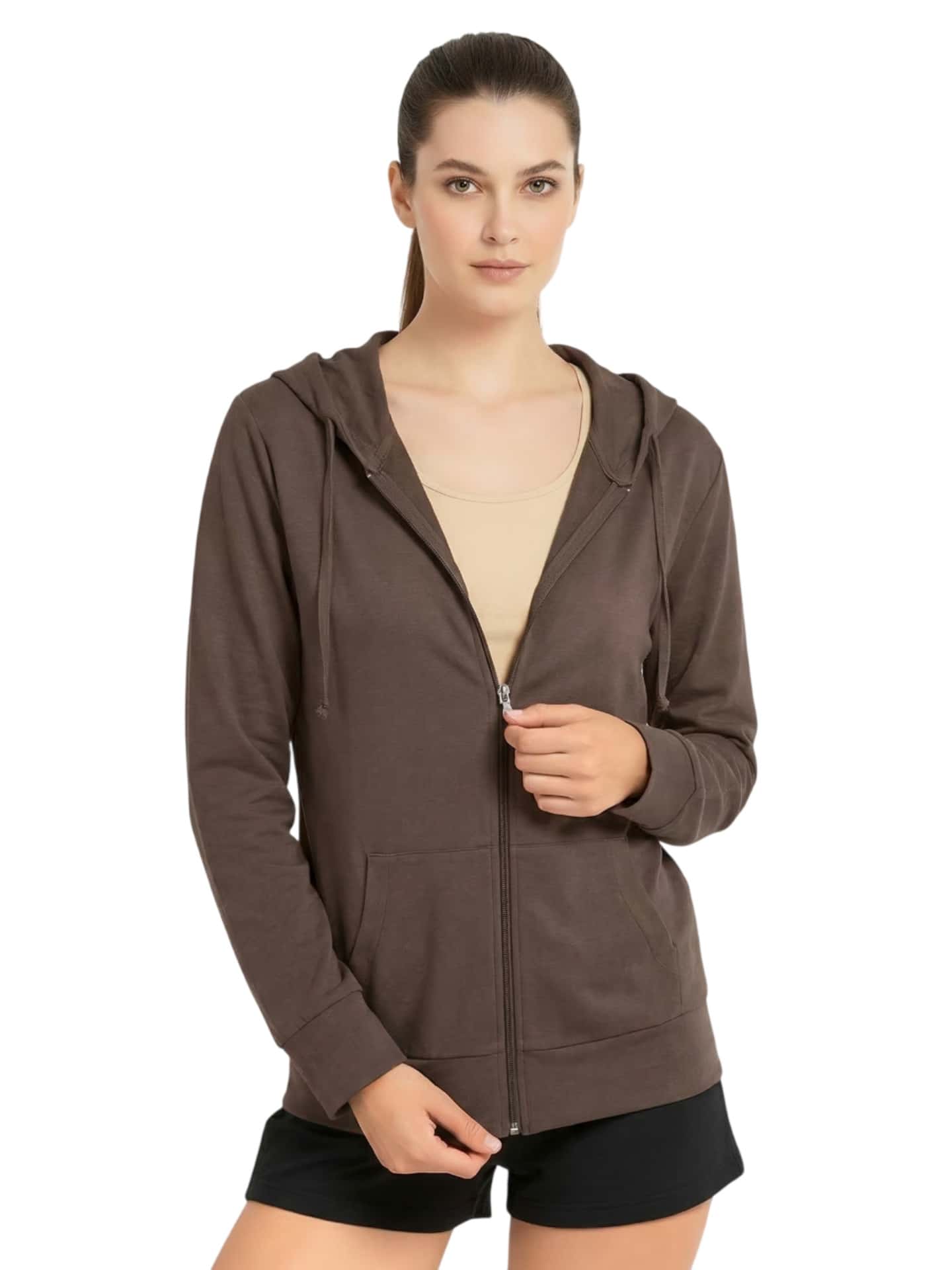 Women's Lightweight Cotton Hoodie Full Zip S-3XL With Pockets Hooded Sweatshirt Jacket Coat Solid Tops Regular & Plus Size Basic Layering Tops Warm Lightweight Cotton Zipper Hoodie Sweatshirt For Women Lady Sweatshirts Long Sleeve Outerwear For Spring Fall Winter Womenswear Activewear Streetwear - 棕色 - 查看 1