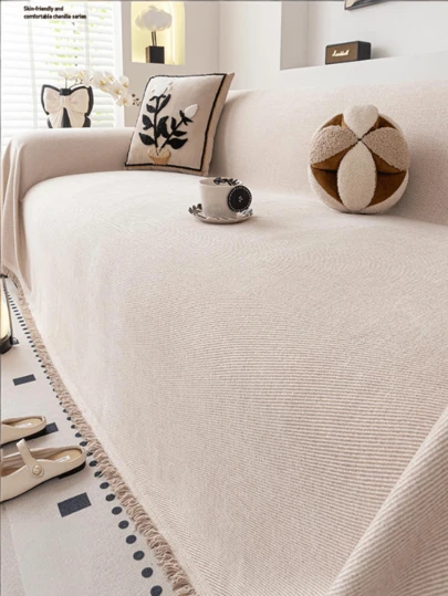 1pc Solid Color Chenille Sofa Throw, All-Season Anti-Slip Sofa Cover, Machine Washable, Suitable For Home Decor